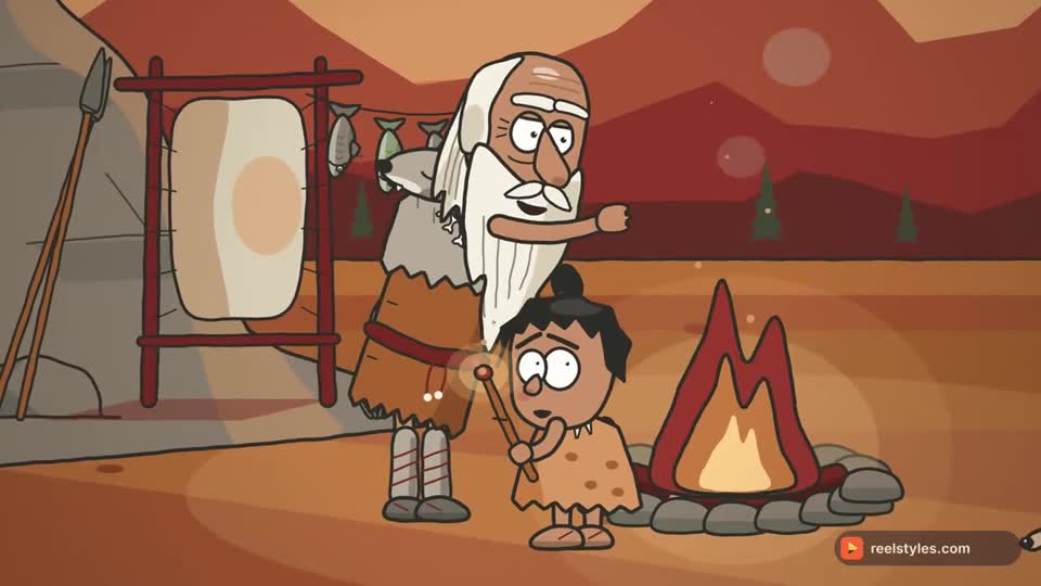 A frame from the Primal toon example film: a cartoon stone-age band at a fire at night